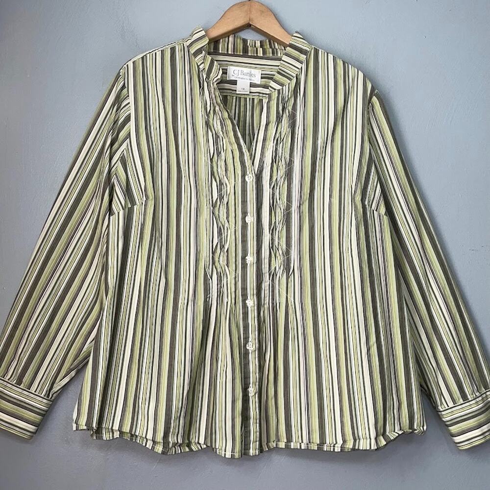 CJ Banks Button Up Shirt Plus Size 1X Striped Cotton Pintuck Cottage Country